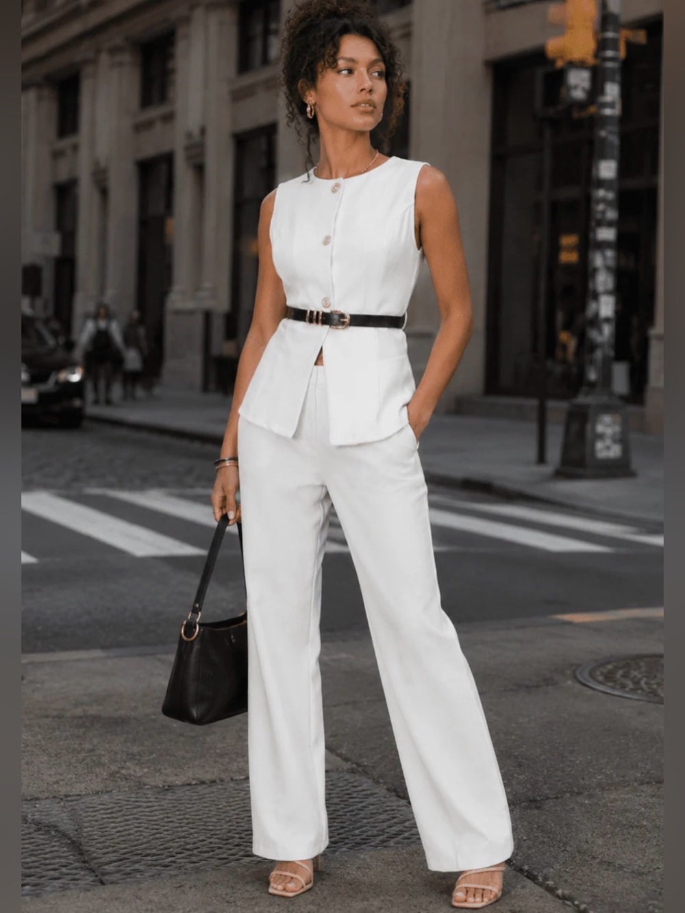 Sleeveless White Tailored 2pc Suit with Belt
